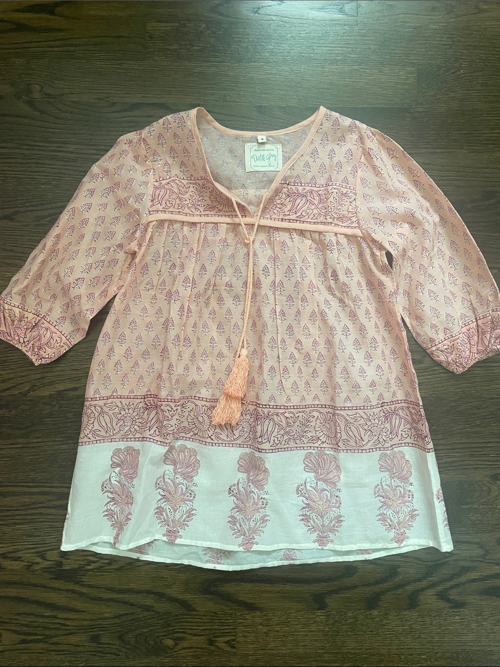 Dilli Grey Peach Organic Cotton Floral Tunic Top, Like New